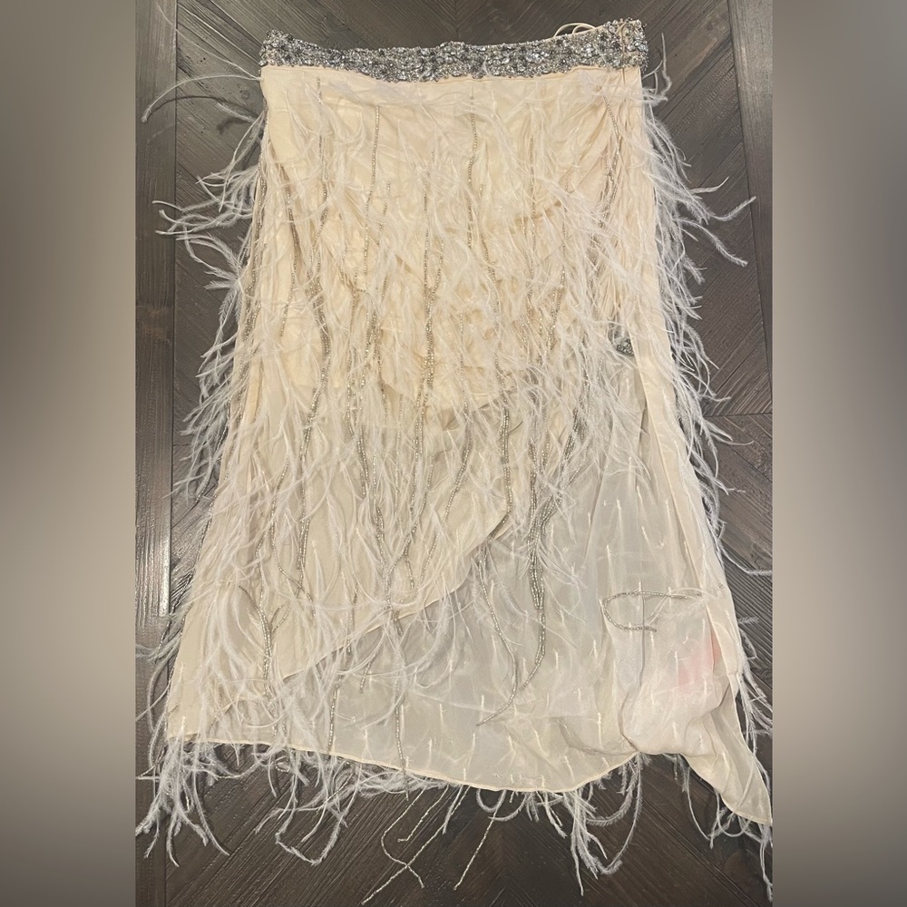 NWT Haute Hippie Asymmetric Ivory Beaded Feather Skirt Size 2